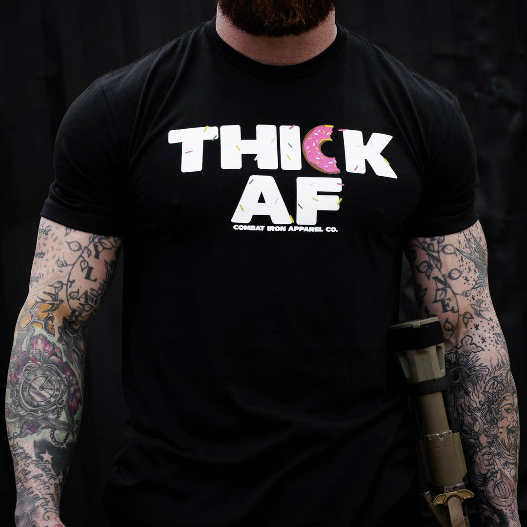 Thick AF donut edition, men’s t-shirt in all black with white and pink design #color_black #color_black