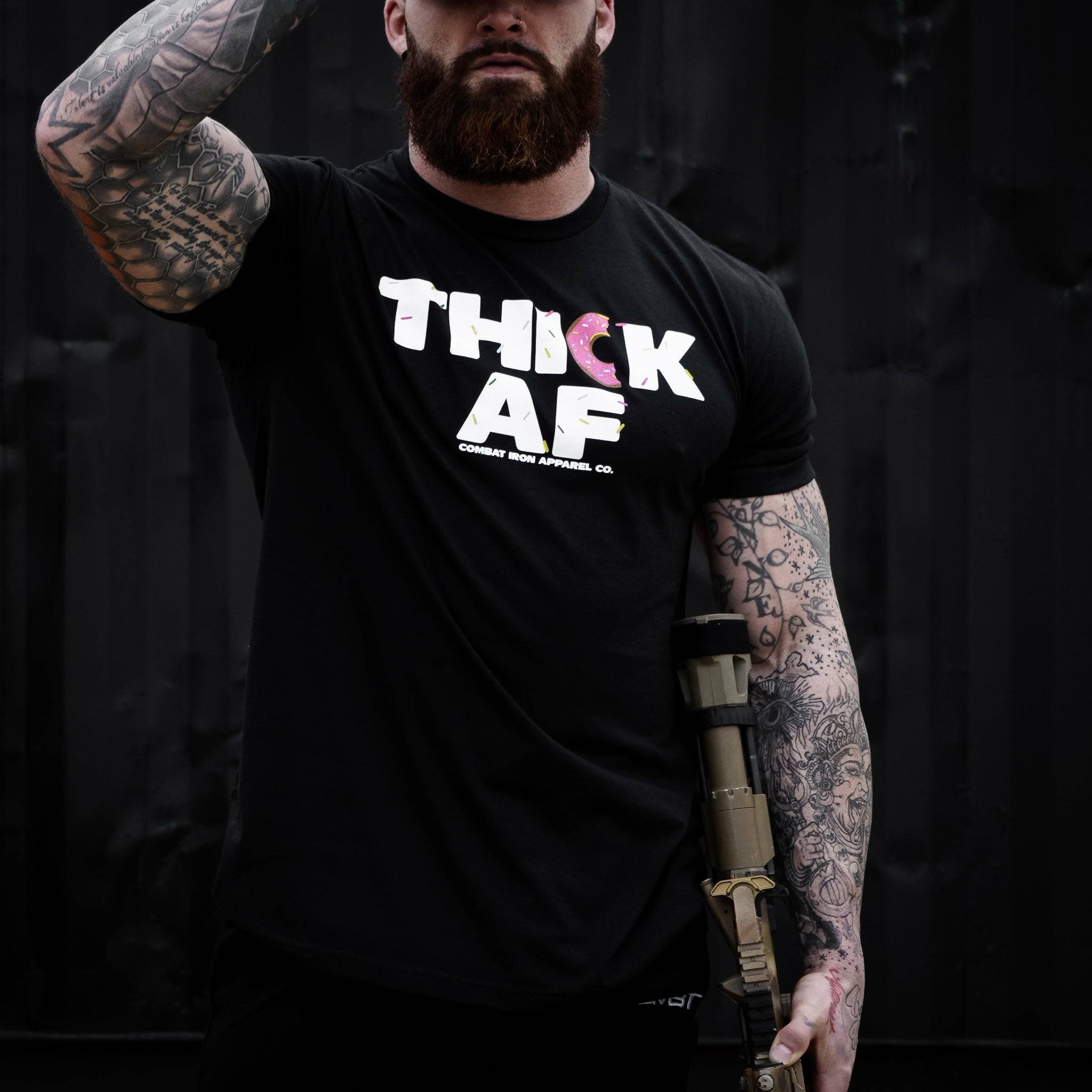 Thick AF donut edition, men’s t-shirt in all black with white and pink design #color_black #color_black