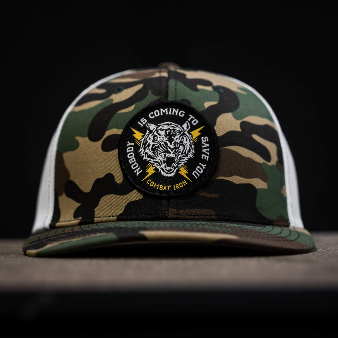 Nobody is coming to save you mid-profile snapback hat  #color_bdu-camo-white