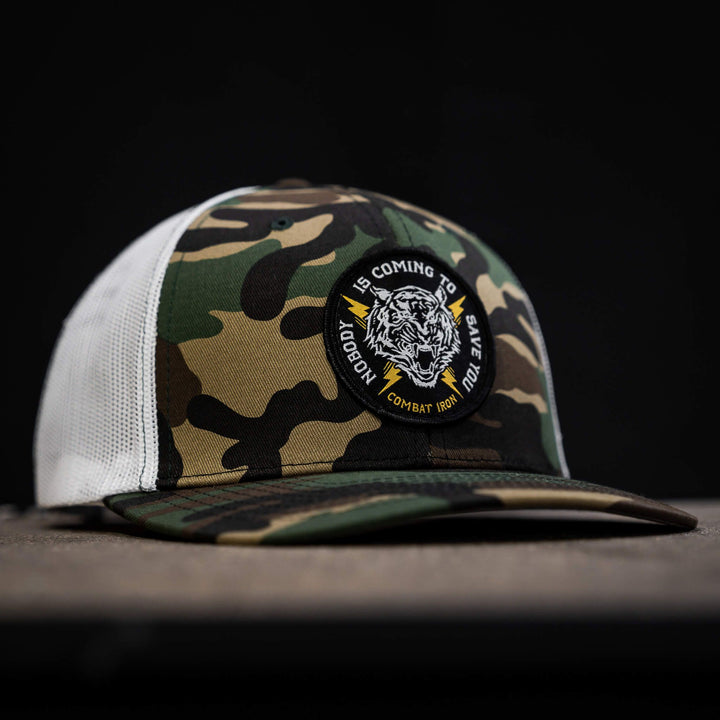 Nobody is coming to save you mid-profile snapback hat  #color_bdu-camo-white