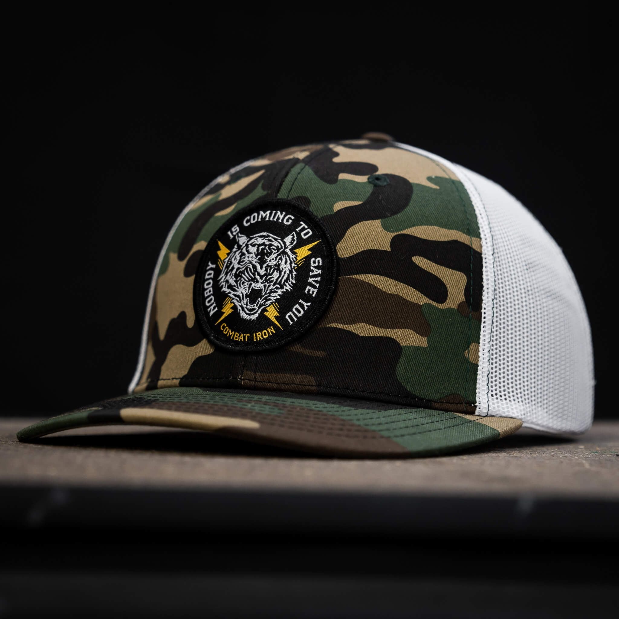 Nobody is coming to save you mid-profile snapback hat  #color_bdu-camo-white