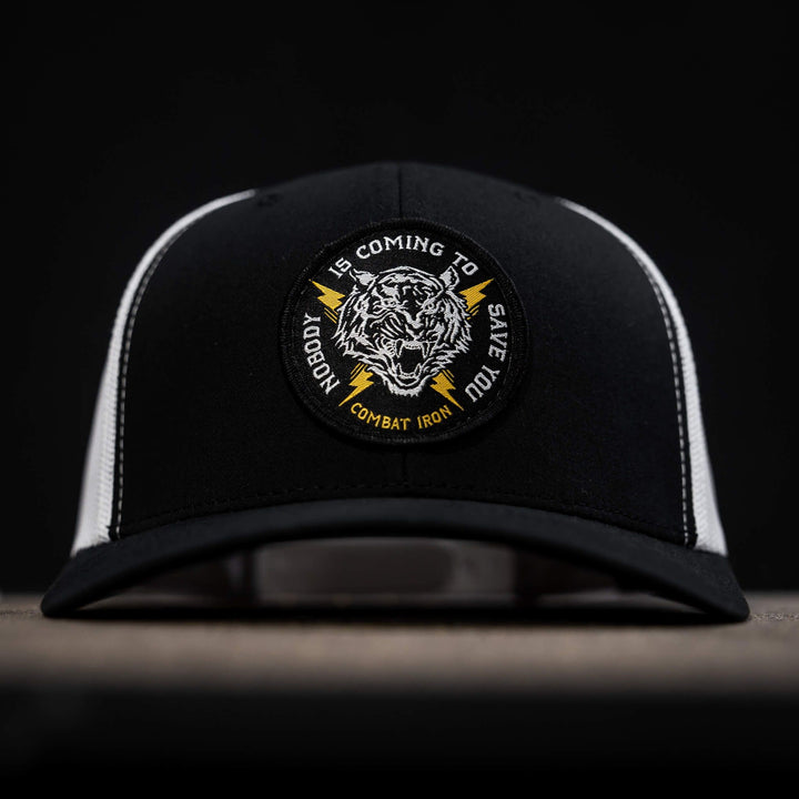 Nobody is coming to save you mid-profile snapback hat  #color_black-white