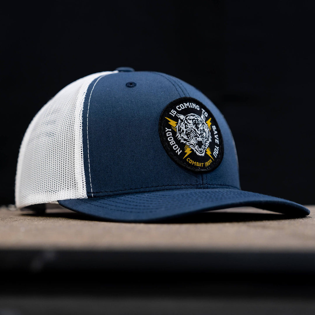 Nobody is coming to save you mid-profile snapback hat  #color_navy-white