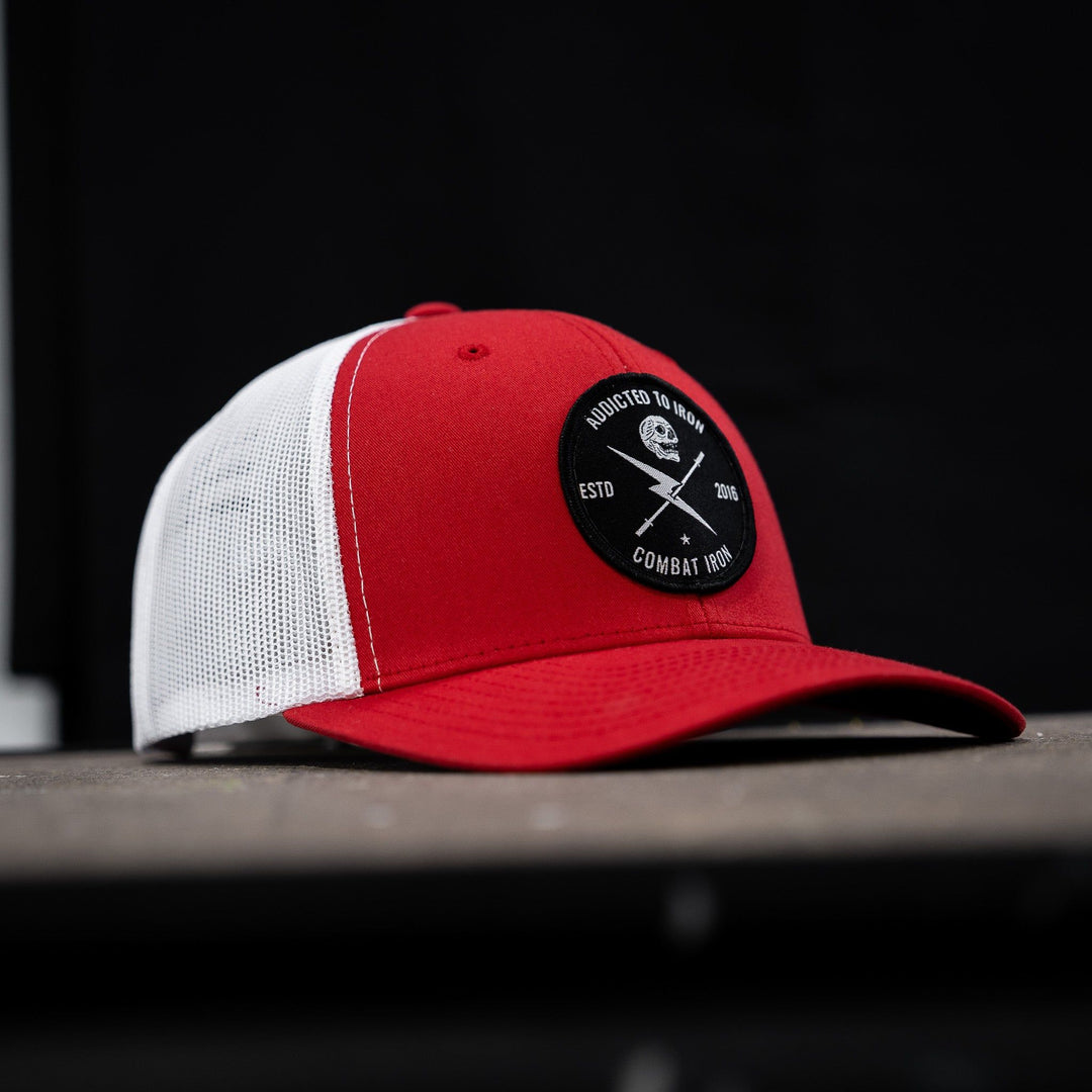 Addicted to iron mesh mid-profile snapback hat #color_red-white