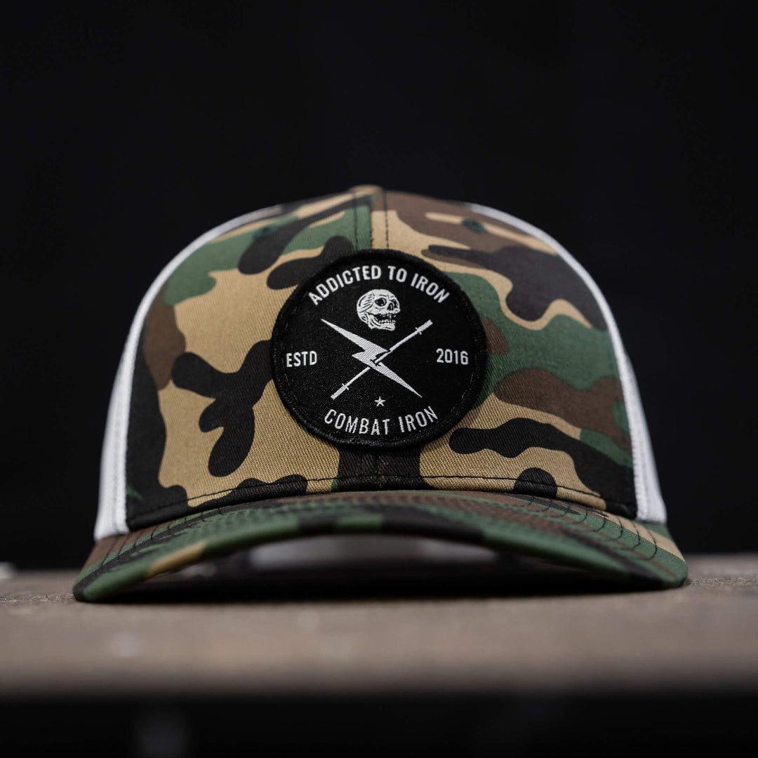 Addicted to iron mesh mid-profile snapback hat #color_bdu-camo-white