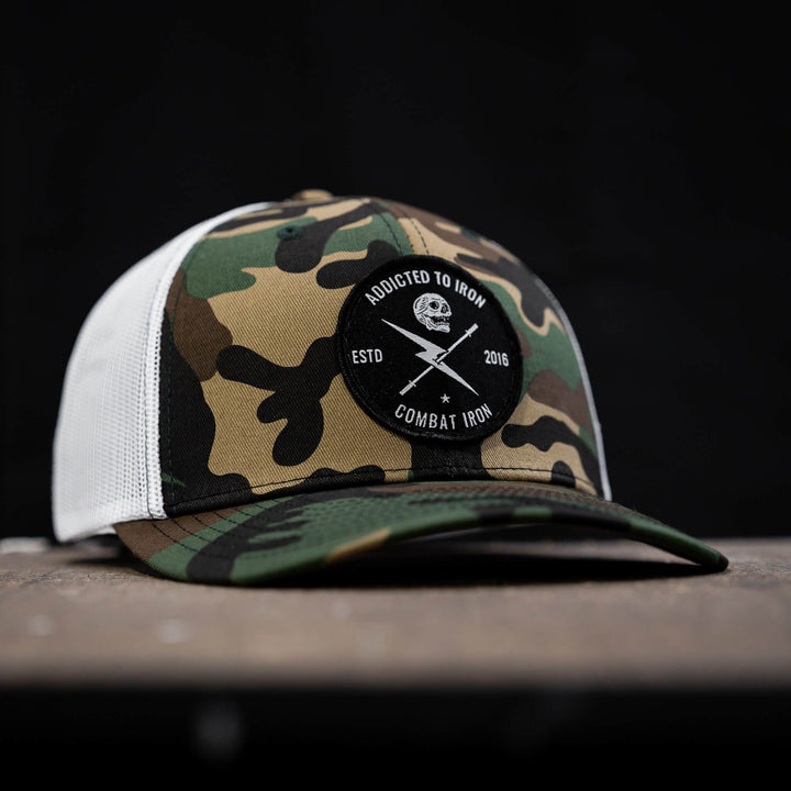 Addicted to iron mesh mid-profile snapback hat #color_bdu-camo-white