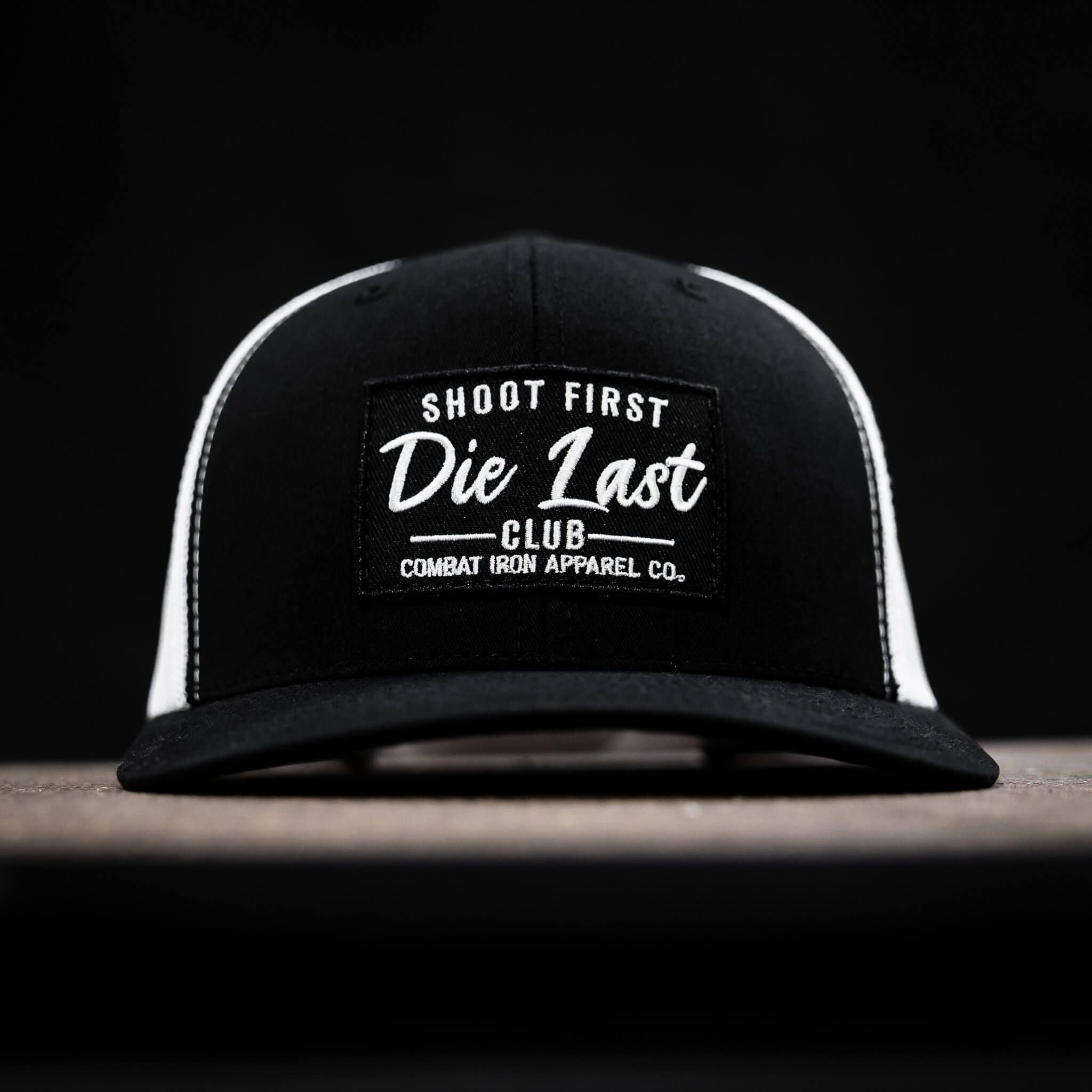 Shoot first. Die last. Club patch mid-profile mesh snapback in black with white print #color_black-black