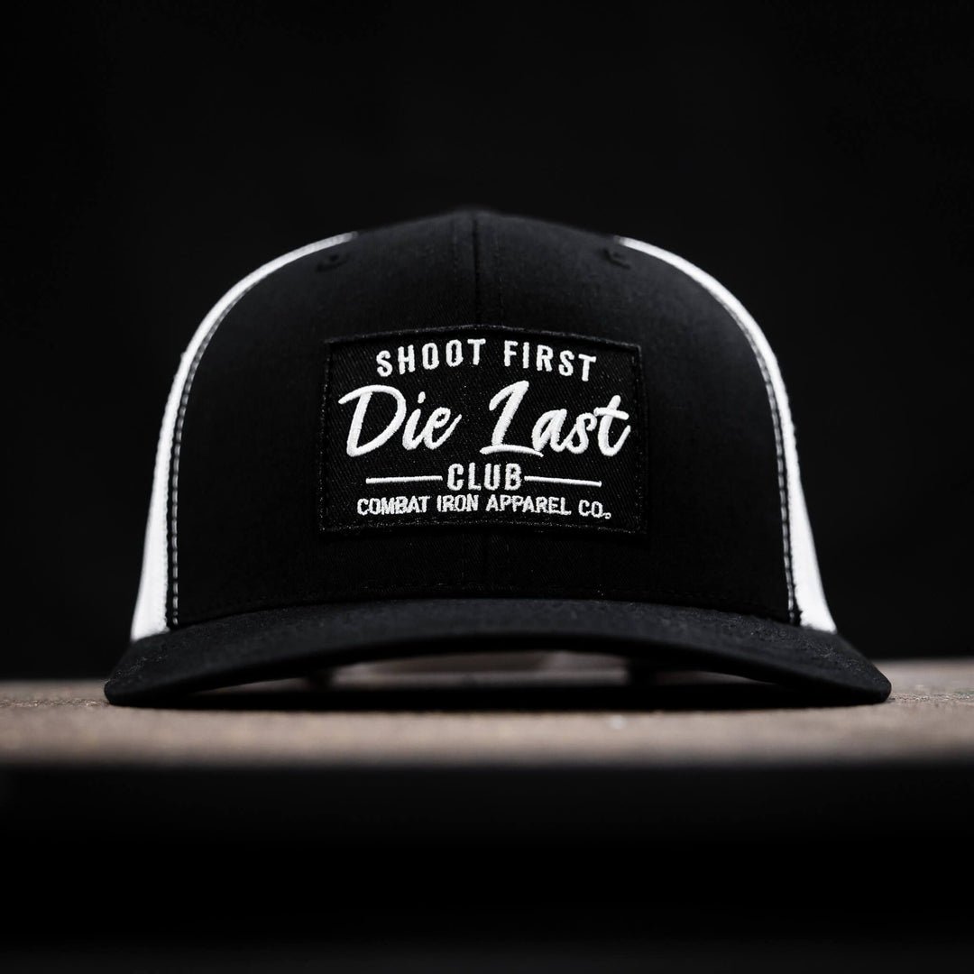 Shoot first. Die last. Club patch mid-profile mesh snapback in black with white print #color_black-black