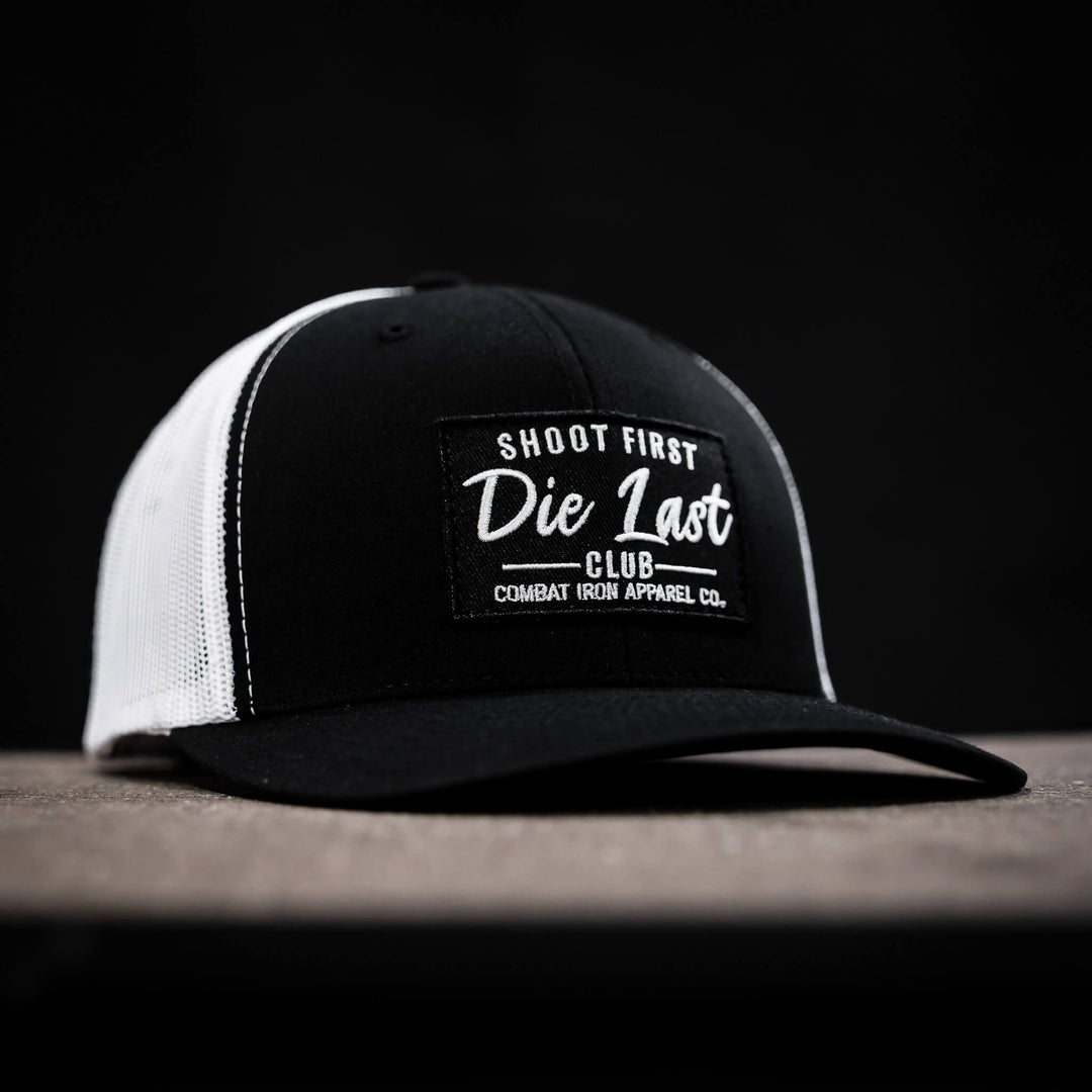 Shoot first. Die last. Club patch mid-profile mesh snapback  #color_black-white