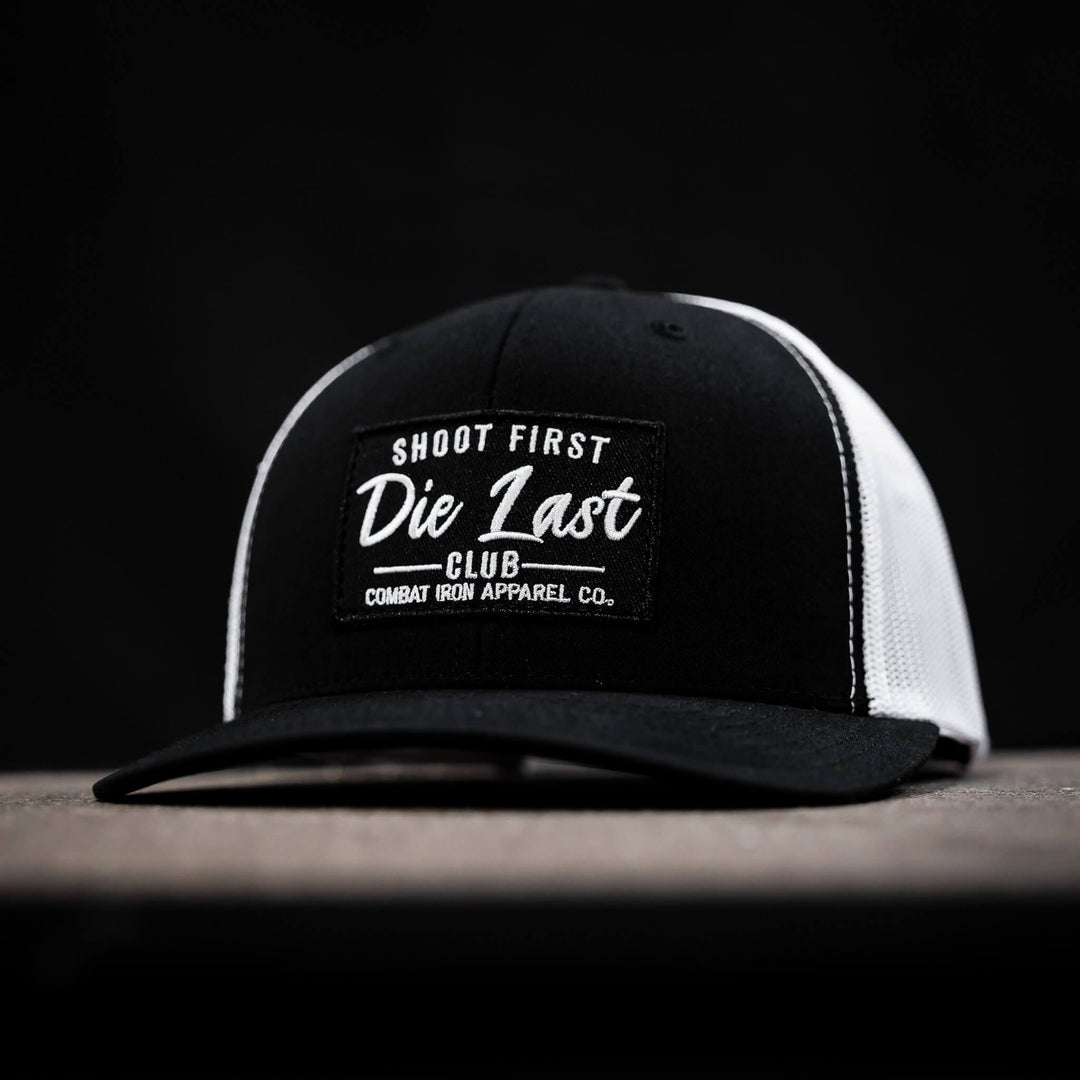 Shoot first. Die last. Club patch mid-profile mesh snapback  #color_black-white