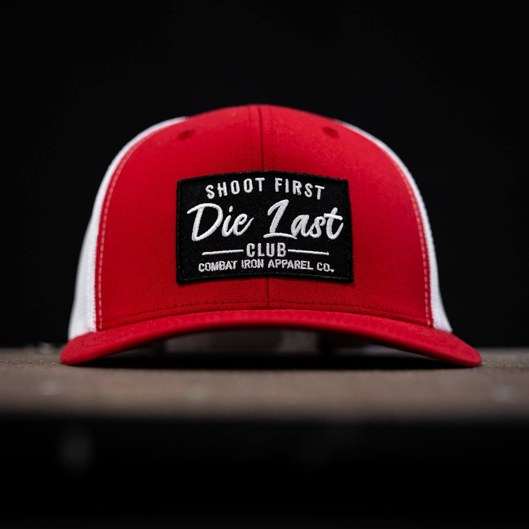 Shoot first. Die last. Club patch mid-profile mesh snapback  #color_red-white