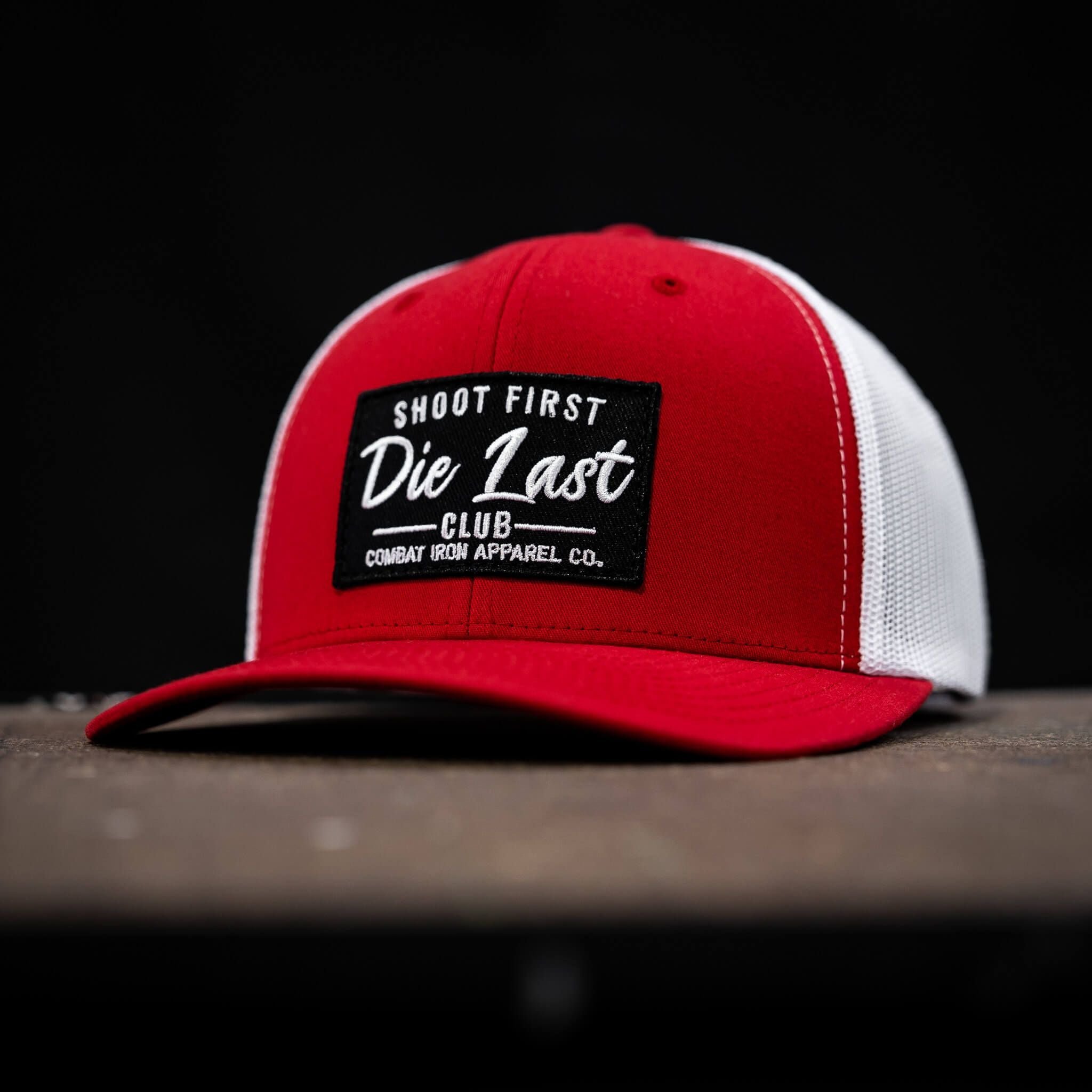 Shoot first. Die last. Club patch mid-profile mesh snapback  #color_red-white