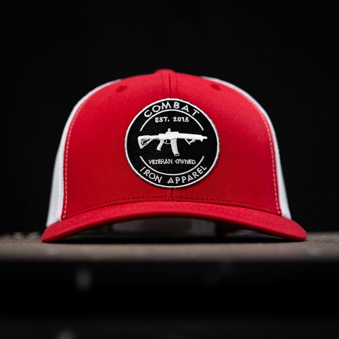 Combat Iron M4 patch, mid-profile snapback hat in red and white #color_red-white