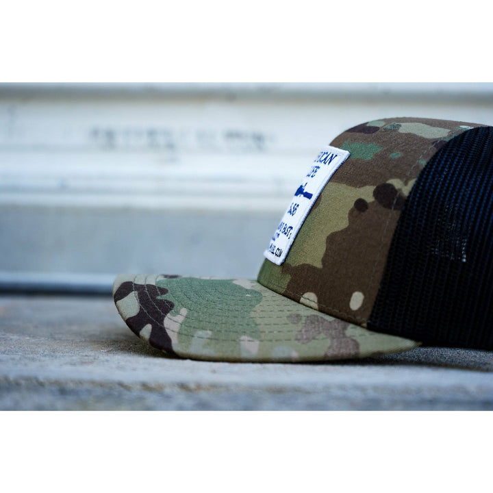 AWOL - American way of life 5.56 white patch edition, mid-profile mesh snapback cap  #color_multicam-black