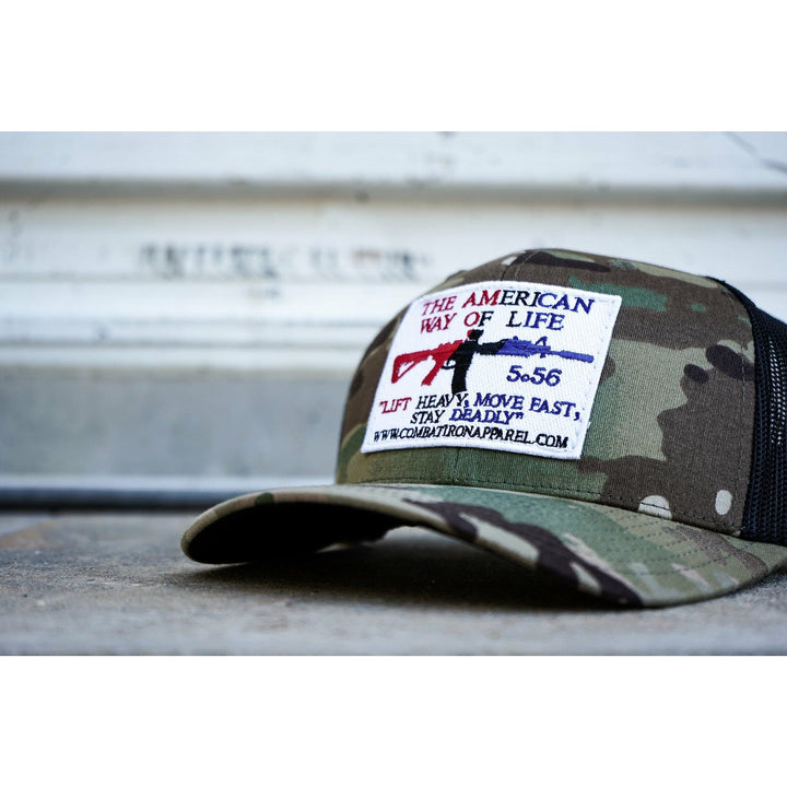 AWOL - American way of life 5.56 white patch edition, mid-profile mesh snapback cap  #color_multicam-black