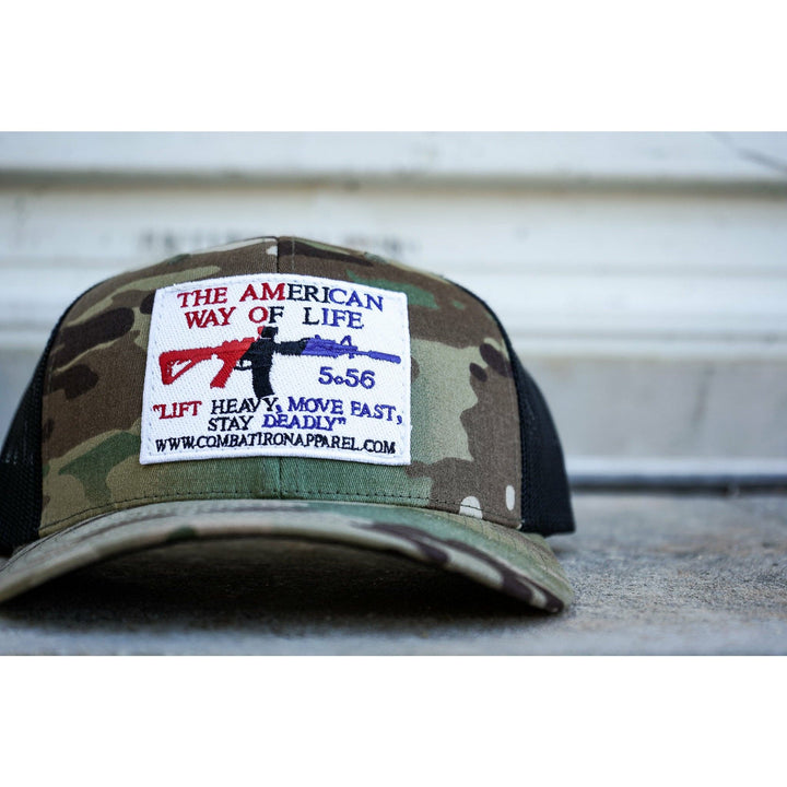 AWOL - American way of life 5.56 white patch edition, mid-profile mesh snapback cap #color_multicam-black