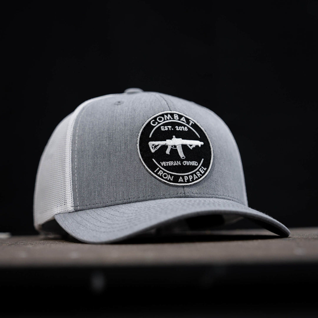 Combat Iron M4 patch, mid-profile snapback hat in grey and white #color_gray-white
