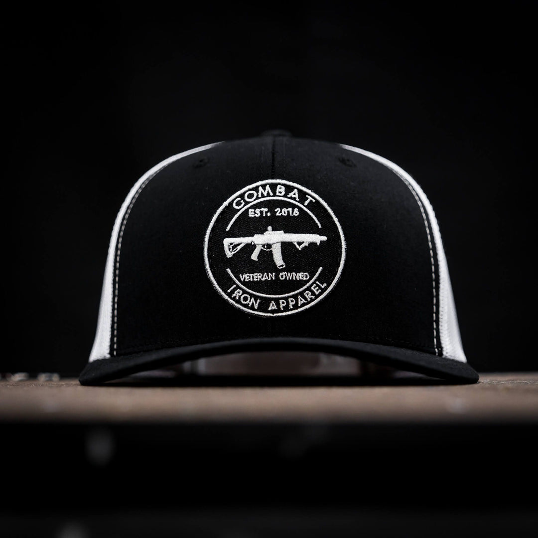 Combat Iron M4 patch, mid-profile snapback hat in black and white #color_black-white
