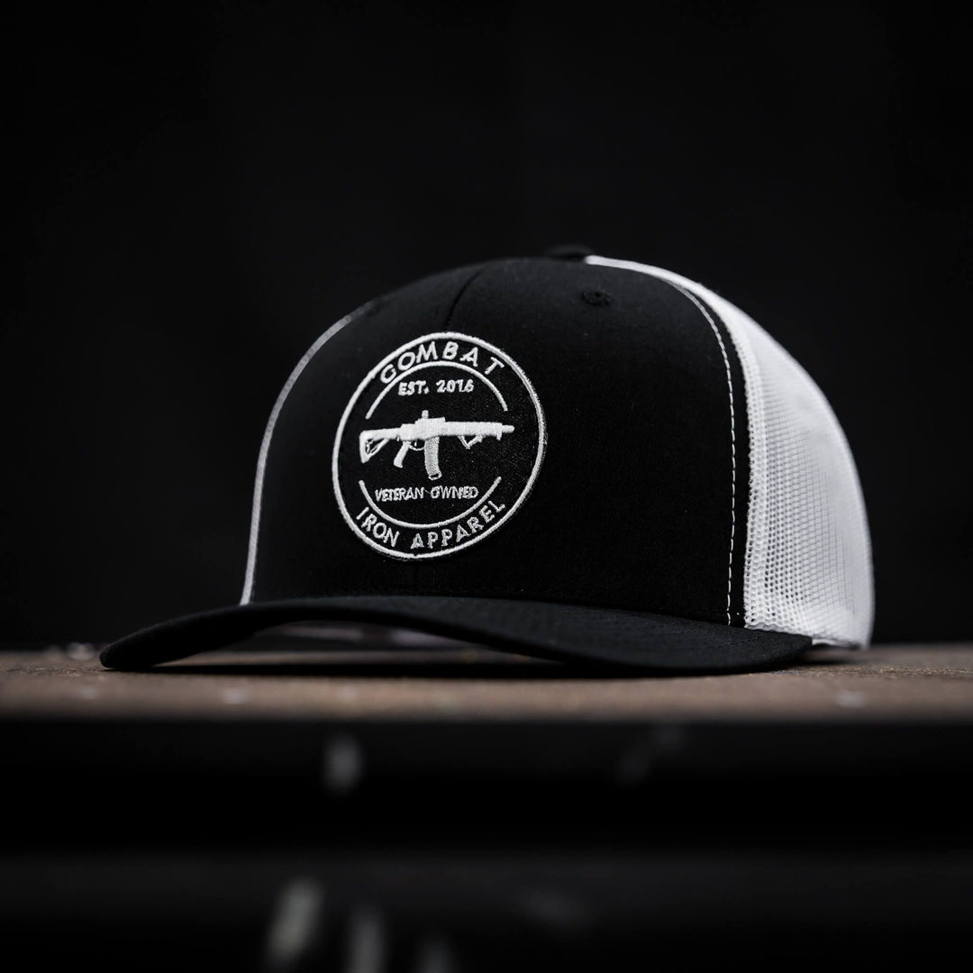 Combat Iron M4 patch, mid-profile snapback hat in black and white #color_black-white