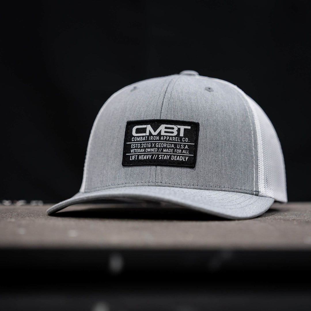 CMBT standard black woven patch mid-profile mesh snapback hat in black with a black and white patch on the front #color_gray-white