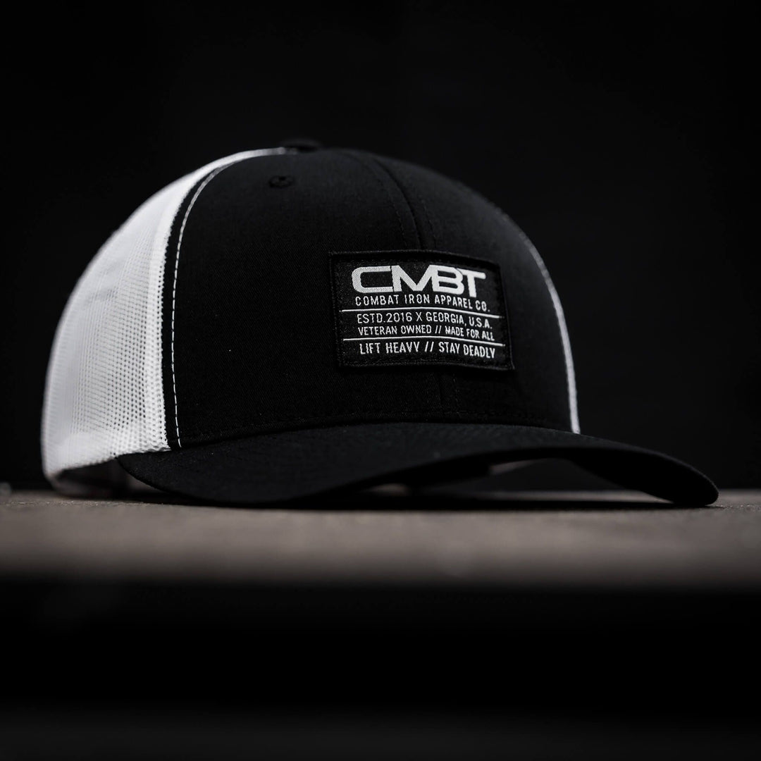 CMBT standard black woven patch mid-profile mesh snapback hat in black with a black and white patch on the front #color_black-white