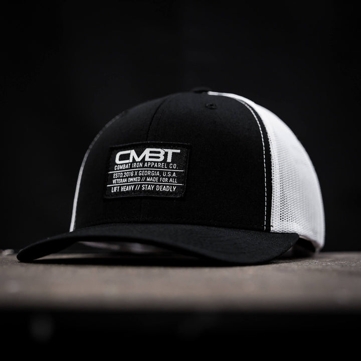 CMBT standard black woven patch mid-profile mesh snapback hat in black with a black and white patch on the front #color_black-white