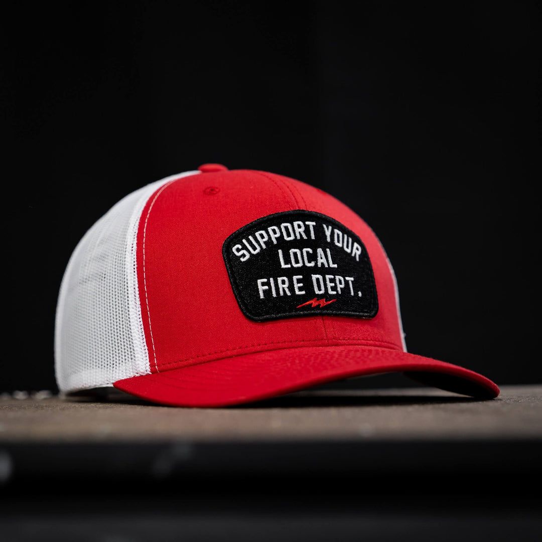 A mid-profile mesh snapback with the patch that says “Support your local fire dept.” #color_red-white