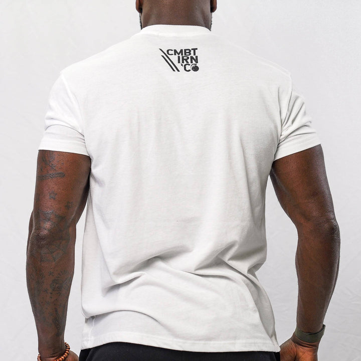 Men’s white t-shirt with the words “Savage patriot” in red and blue on the front  #color_white