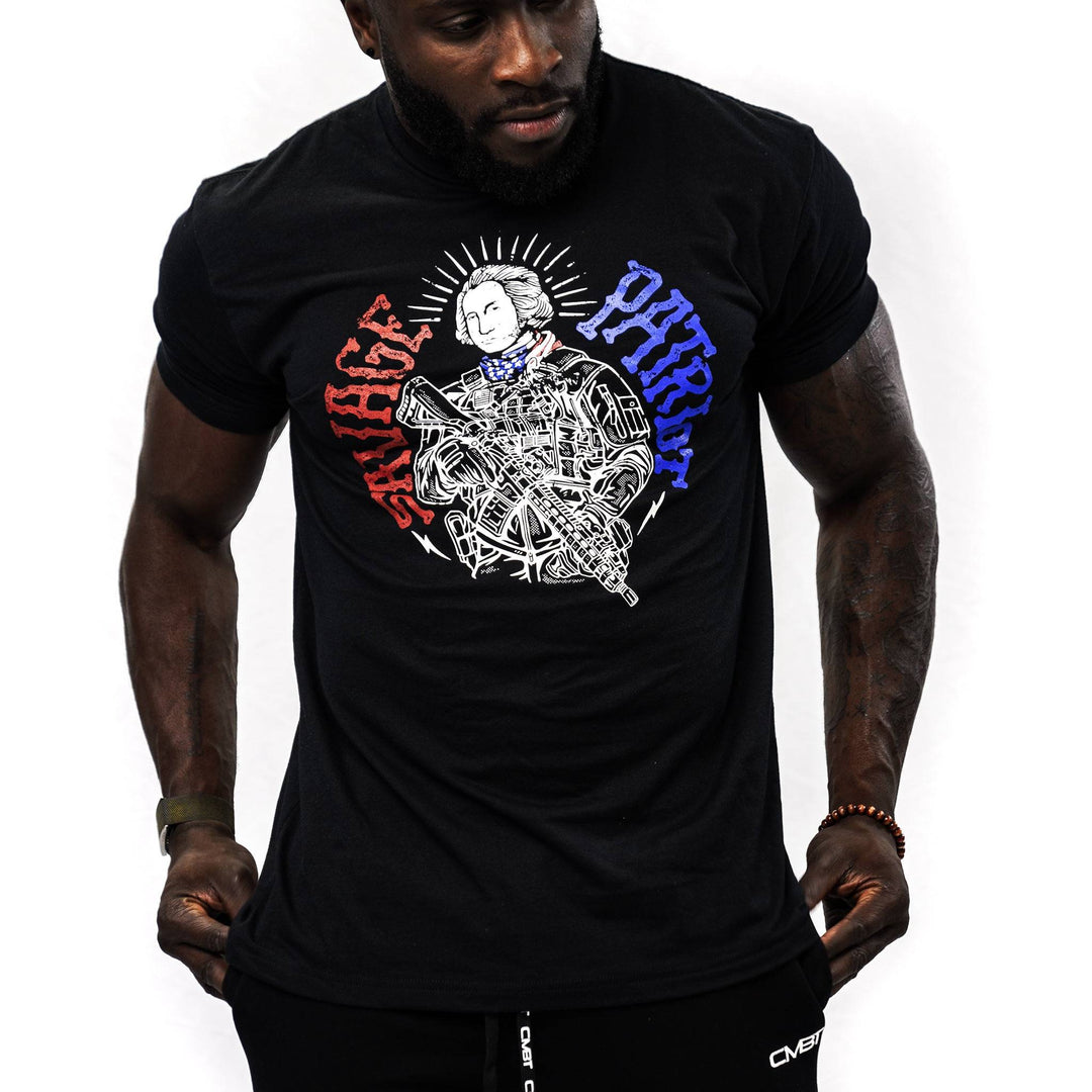 Men’s black t-shirt with the words “Savage patriot” in red and blue on the front #color_black