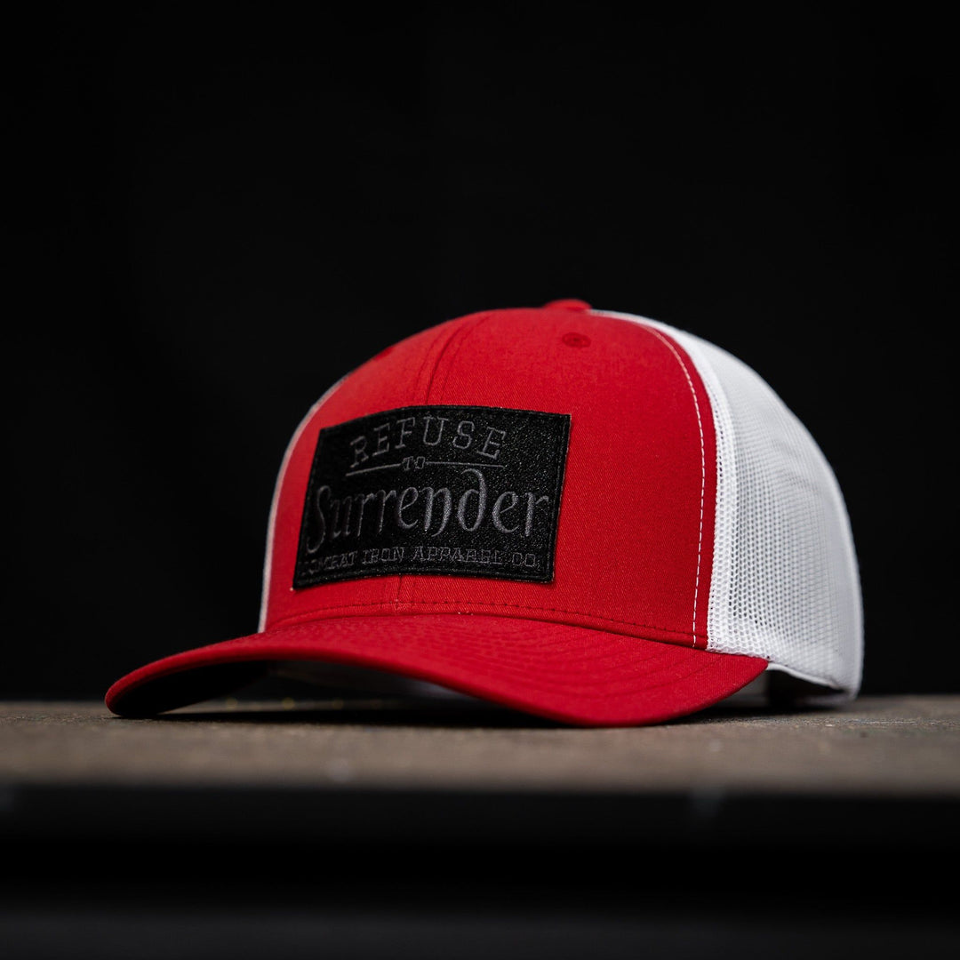 Refuse to surrender blacked-out patch mid-profile snapback hat in red and white #color_red-white