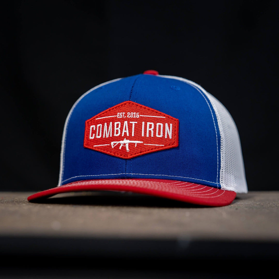 Combat branded patch mid-profile mesh snapback with a black and white patch on the front #color_blue-red-white