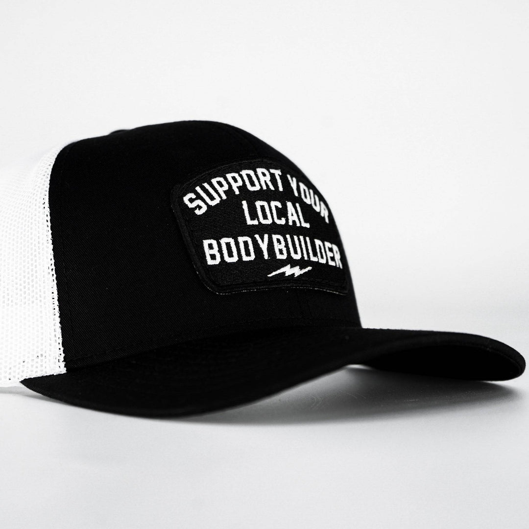A black and white mid-profile mesh snapback with a patch that reads “Support your local bodybuilder” #color_black-white