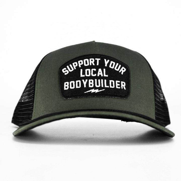 A camo retro rope snapback with a black and white patch saying “Support your local bodybuilder” #color_military-green-black