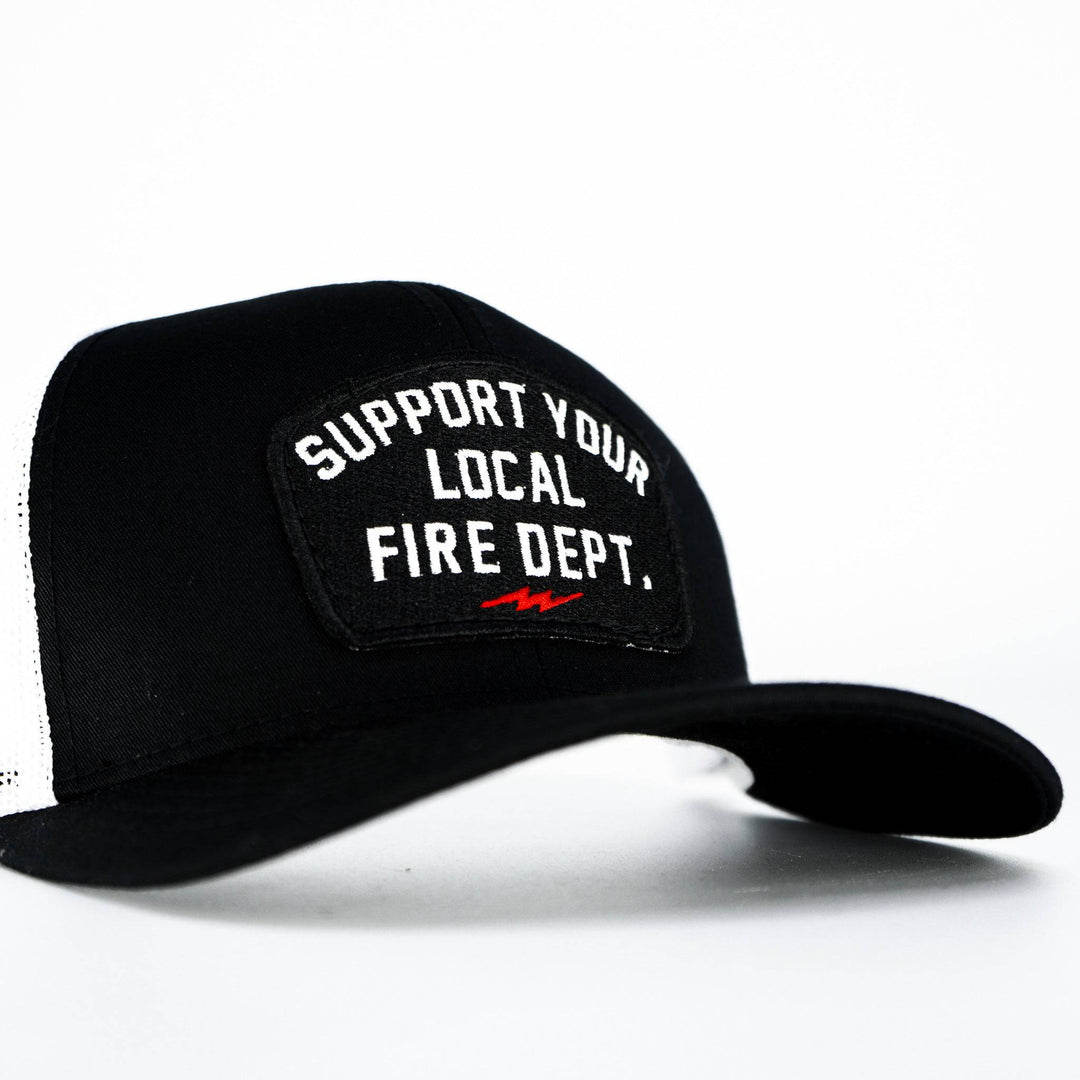 A black mid-profile mesh snapback with the patch that says “Support your local fire dept.” #color_black-white