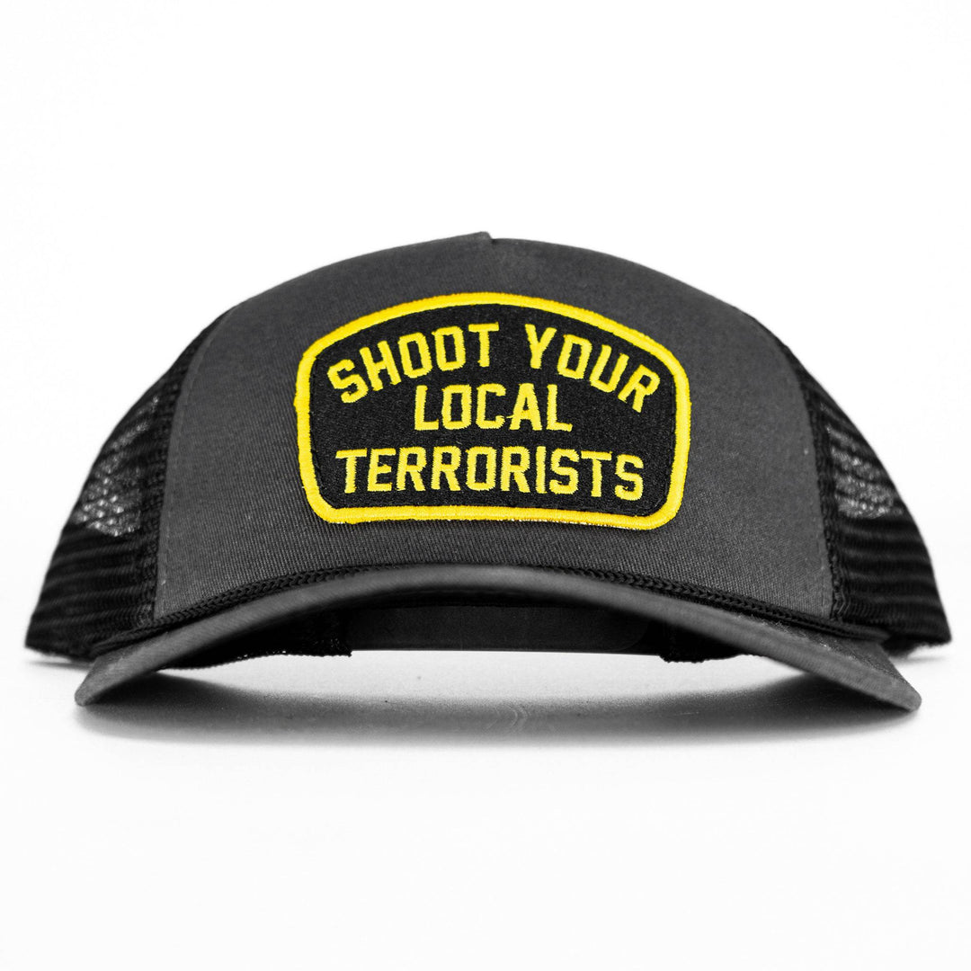 Shoot your local terrorists patch retro rope snapback with a yellow and black design #color_gun-metal-gray-black