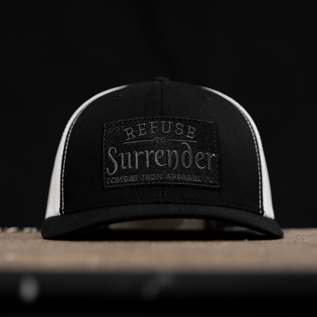 Refuse to surrender blacked-out patch mid-profile snapback hat in red and white #color_black-white