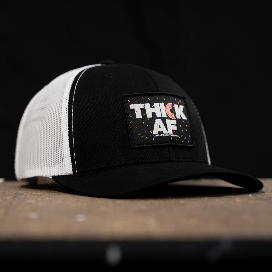 Thick AF donut edition patch mid-profile mesh snapback hat with pink and white details #color_black-white