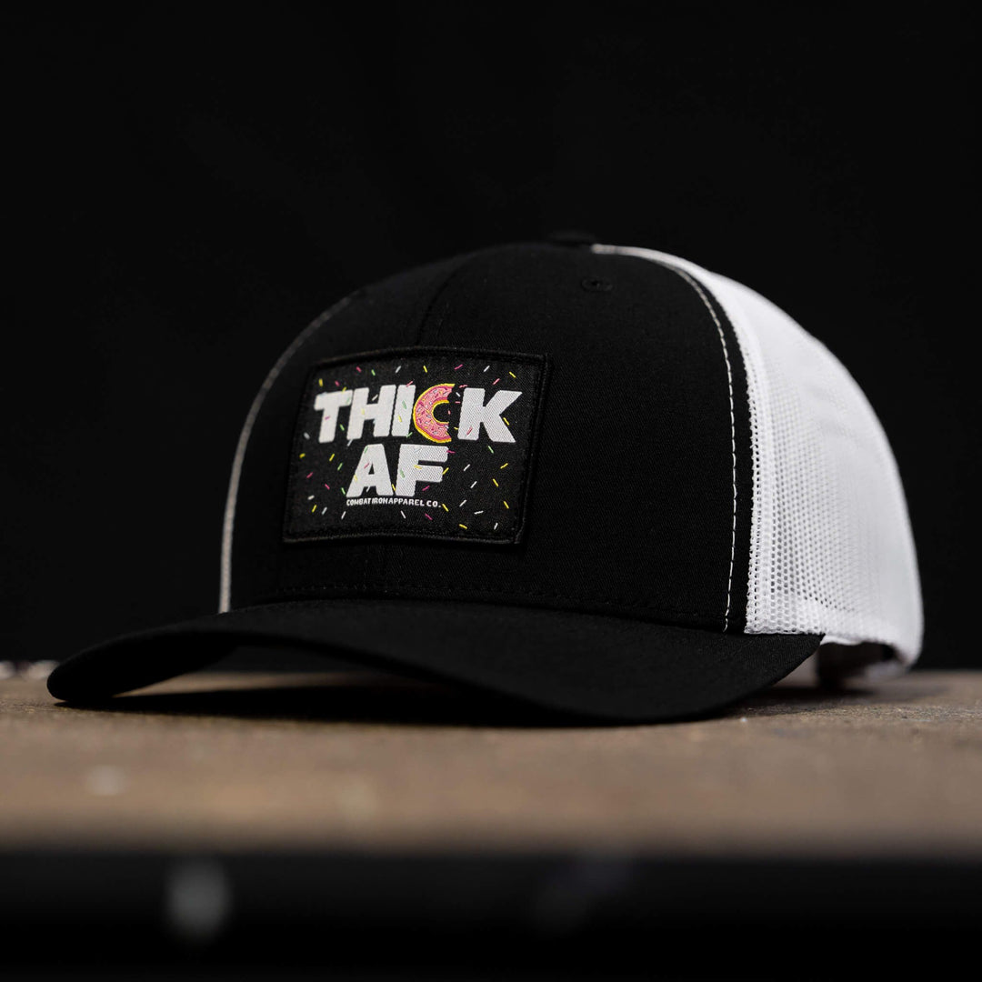 Thick AF donut edition patch mid-profile mesh snapback hat with pink and white details #color_black-white