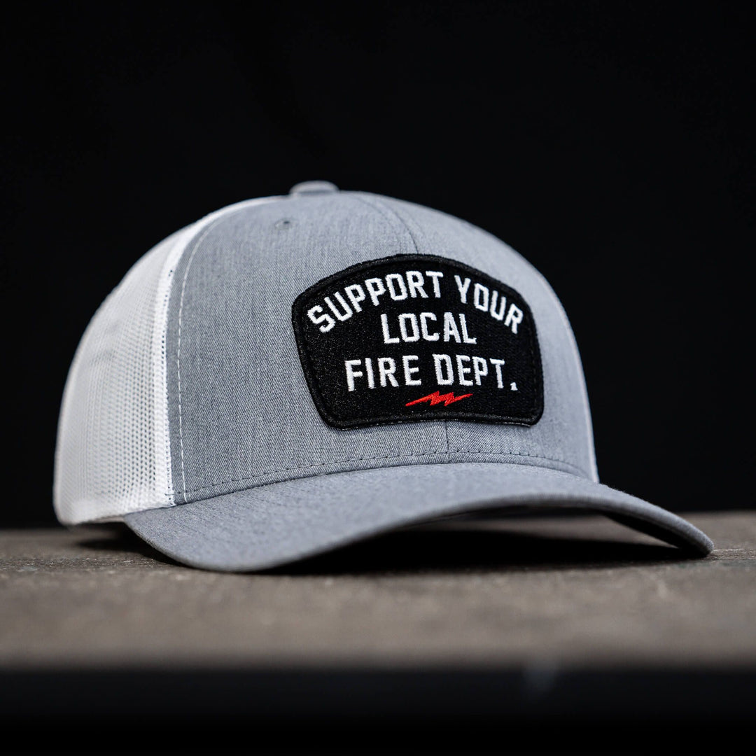 A mid-profile mesh snapback with the patch that says “Support your local fire dept.”  #color_gray-white