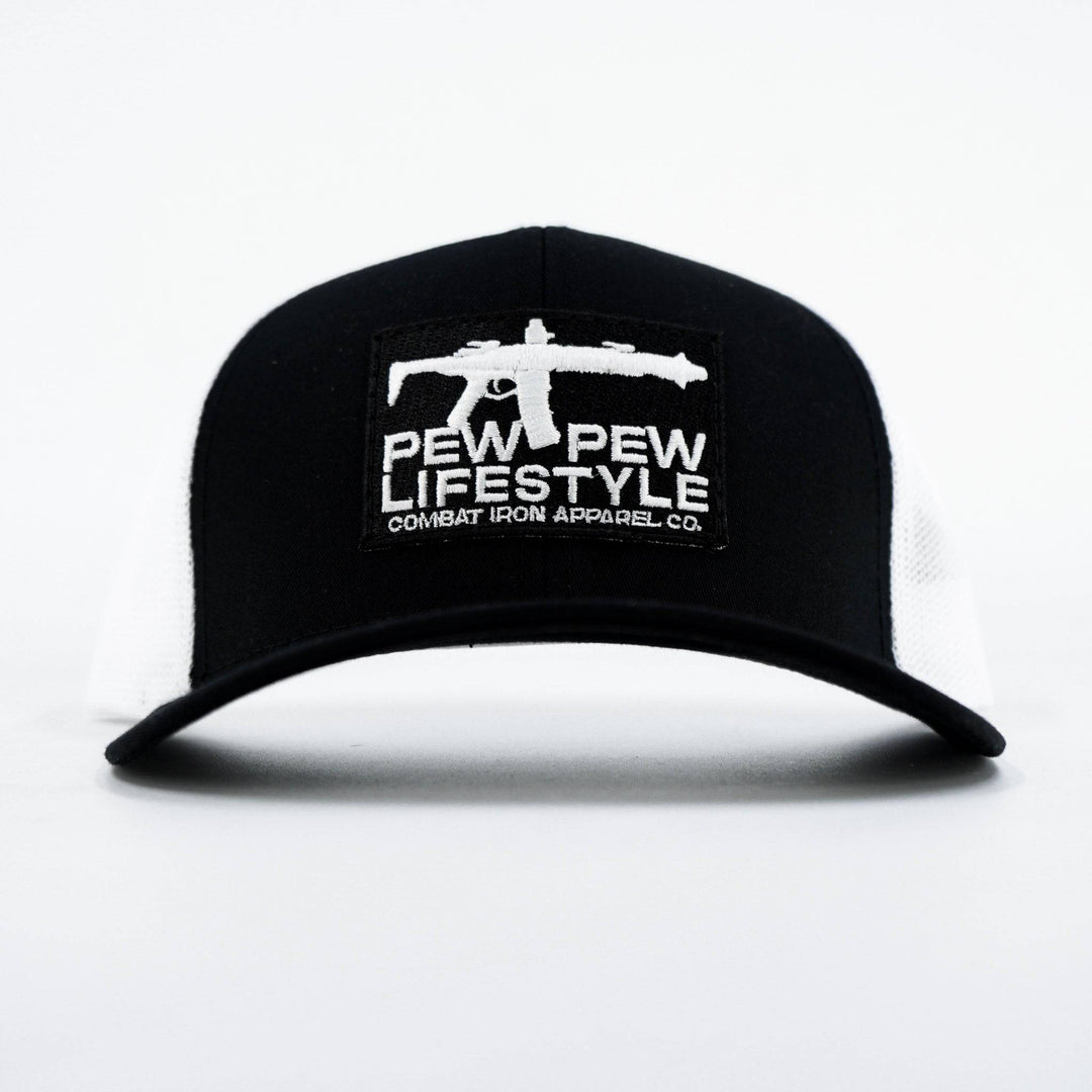 A mid-profile mesh snapback hat with a “Pew pew lifestyle” patch on the front #color_black-white