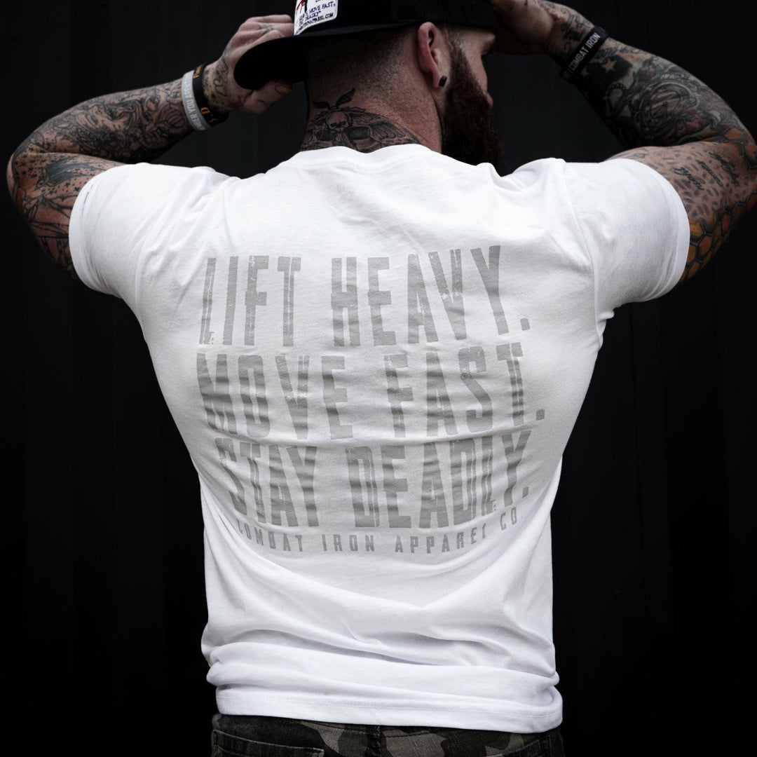 Lift heavy. Move fast. Stay deadly. Men’s t-shirt  #color_white