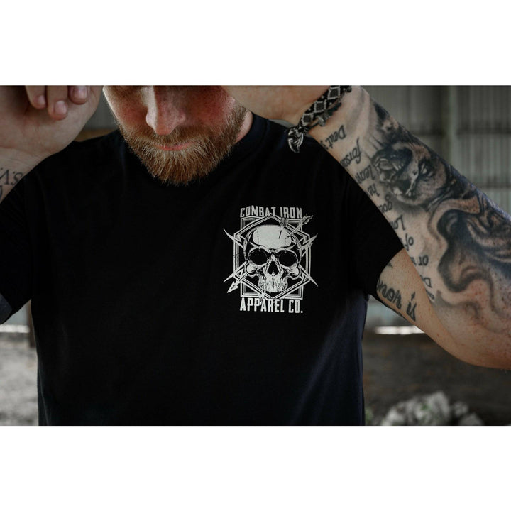 Men’s black t-shirt showing words “Choose violence” in black and a white skull in the middle #color_black