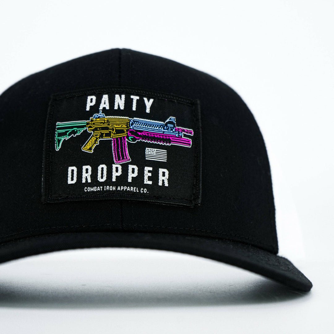 Panty dropper mid-profile mesh snapback hat in all black with a colorful patch #color_black-black