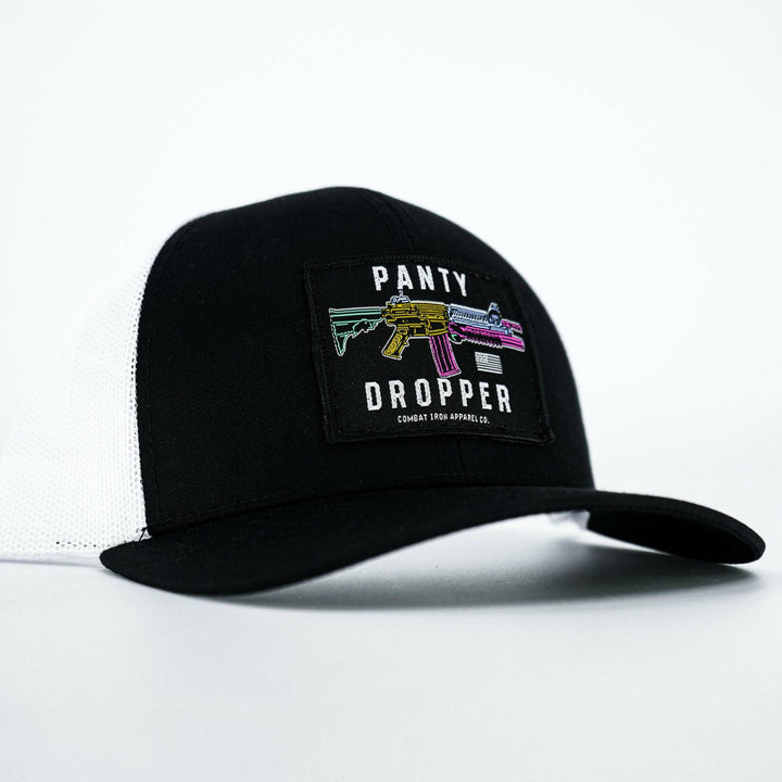 Panty dropper mid-profile mesh snapback hat in all black with a colorful patch #color_black-white