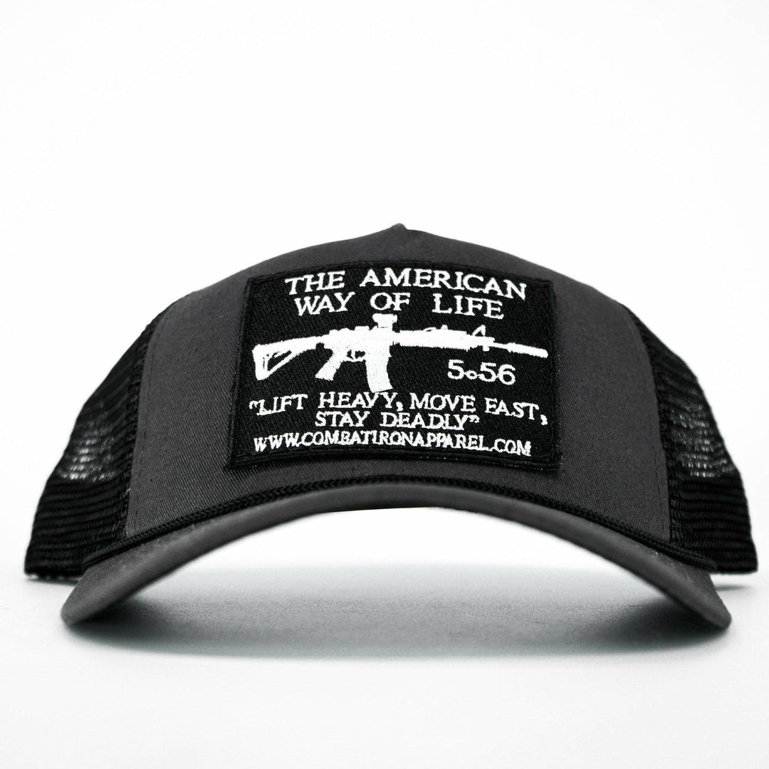 An rope snapback with a black and white patch saying “AWOL - American way of life 5.56”, black edition #color_gun-metal-gray-black