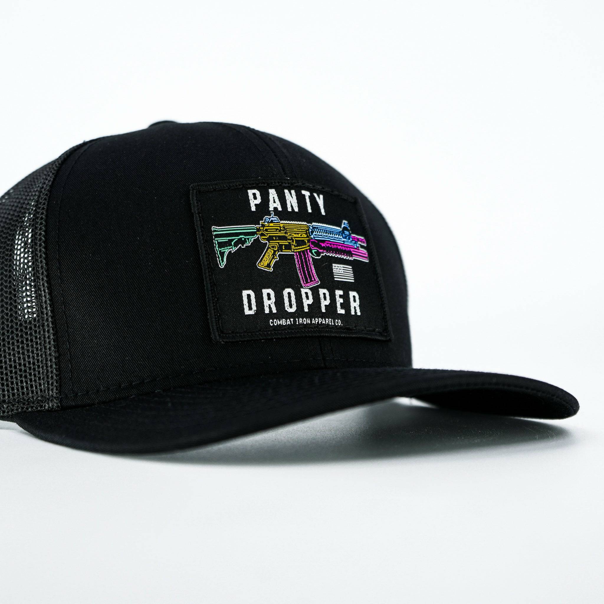 Panty dropper mid-profile mesh snapback hat in all black with a colorful patch #color_black-black