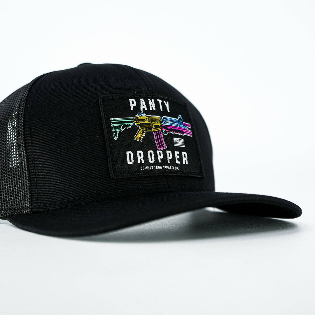 Panty dropper mid-profile mesh snapback hat in all black with a colorful patch #color_black-black