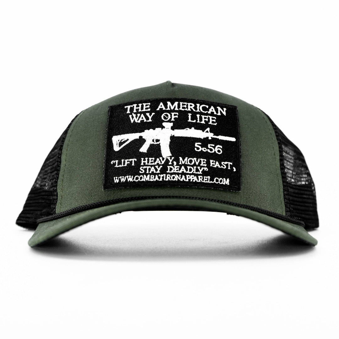 An olive green rope snapback with a black and white patch saying “AWOL - American way of life 5.56”, black edition #color_military-green-black