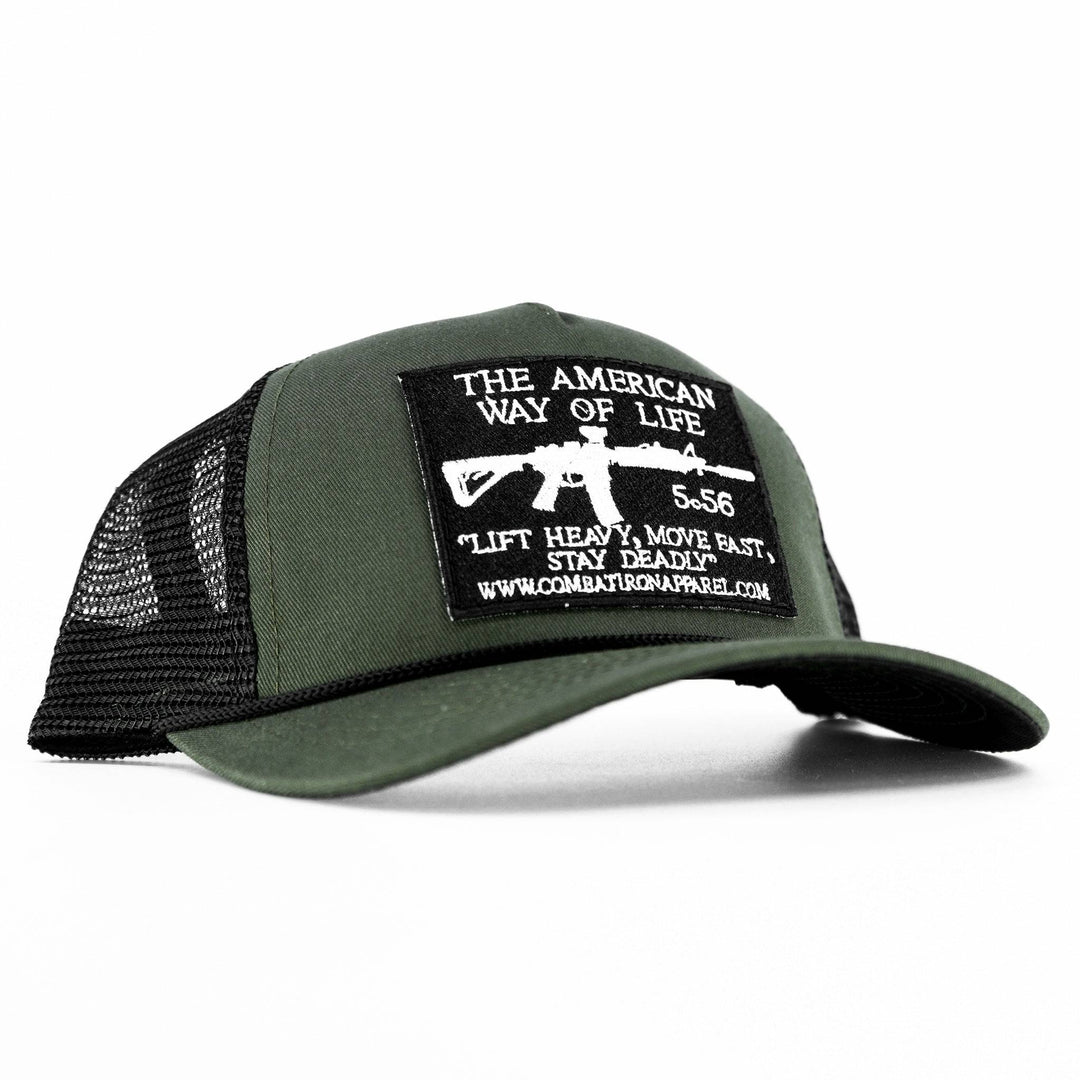 An olive green rope snapback with a black and white patch saying “AWOL - American way of life 5.56”, black edition #color_military-green-black
