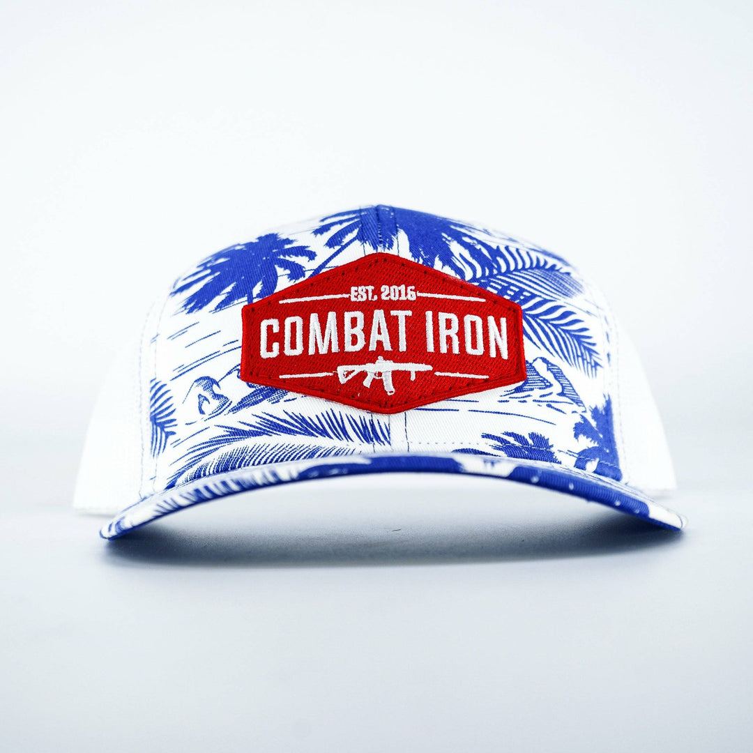 Combat branded patch mid-profile mesh snapback in red and white with a black and white patch on the front #color_blue-palm